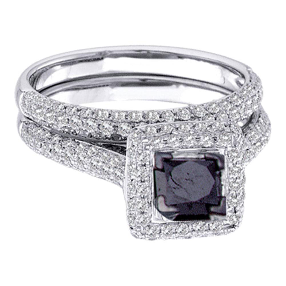 14kt White Gold Princess Black Color Enhanced Diamond Bridal Wedding Set 1-1/4 Cttw Size 5