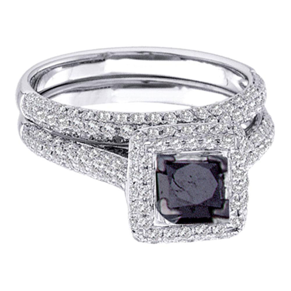 14kt White Gold Princess Black Color Enhanced Diamond Bridal Wedding Set 1-1/4 Cttw Size 6