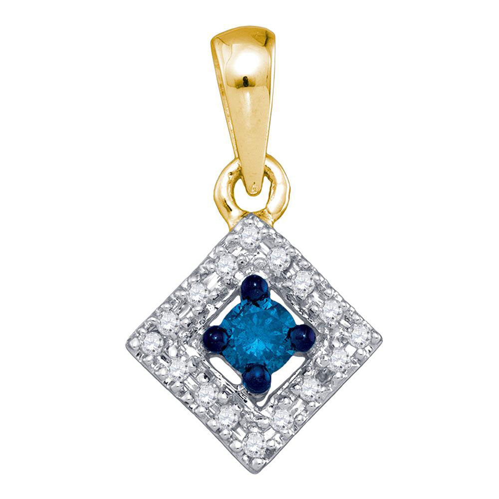 10kt Yellow Gold Womens Round Blue Color Enhanced Diamond Square Pendant 1/5 Cttw