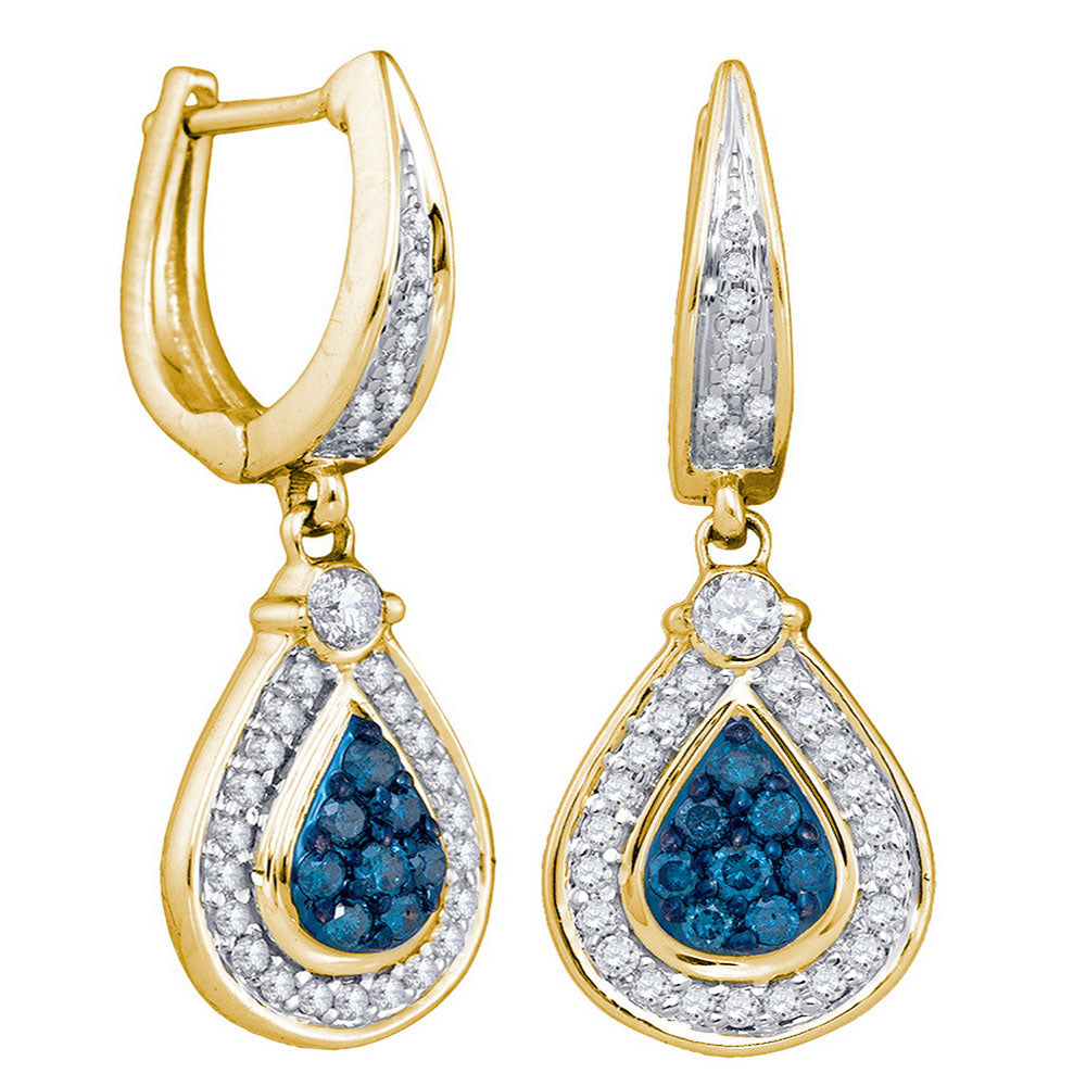 10kt Yellow Gold Womens Round Blue Color Enhanced Diamond Teardrop Dangle Earrings 1/2 Cttw