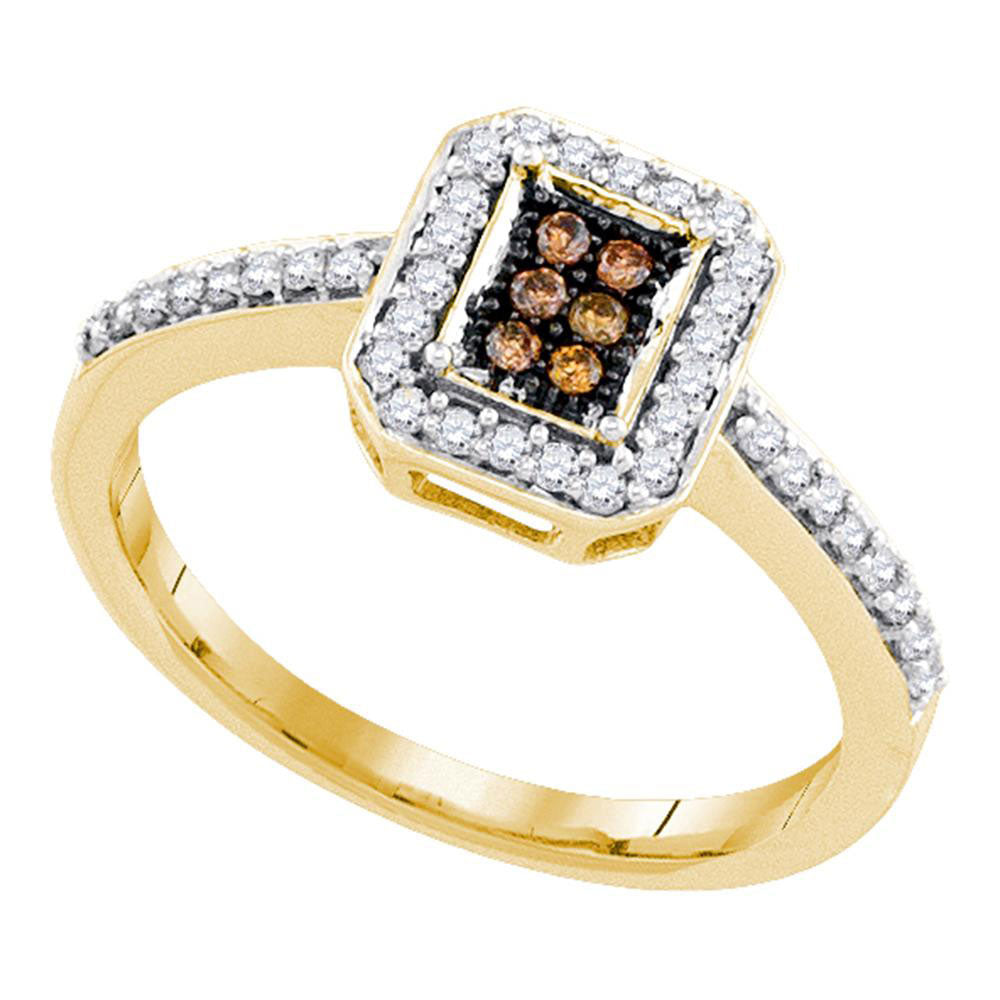 10kt Yellow Gold Womens Round Brown Diamond Square Cluster Ring 1/4 Cttw