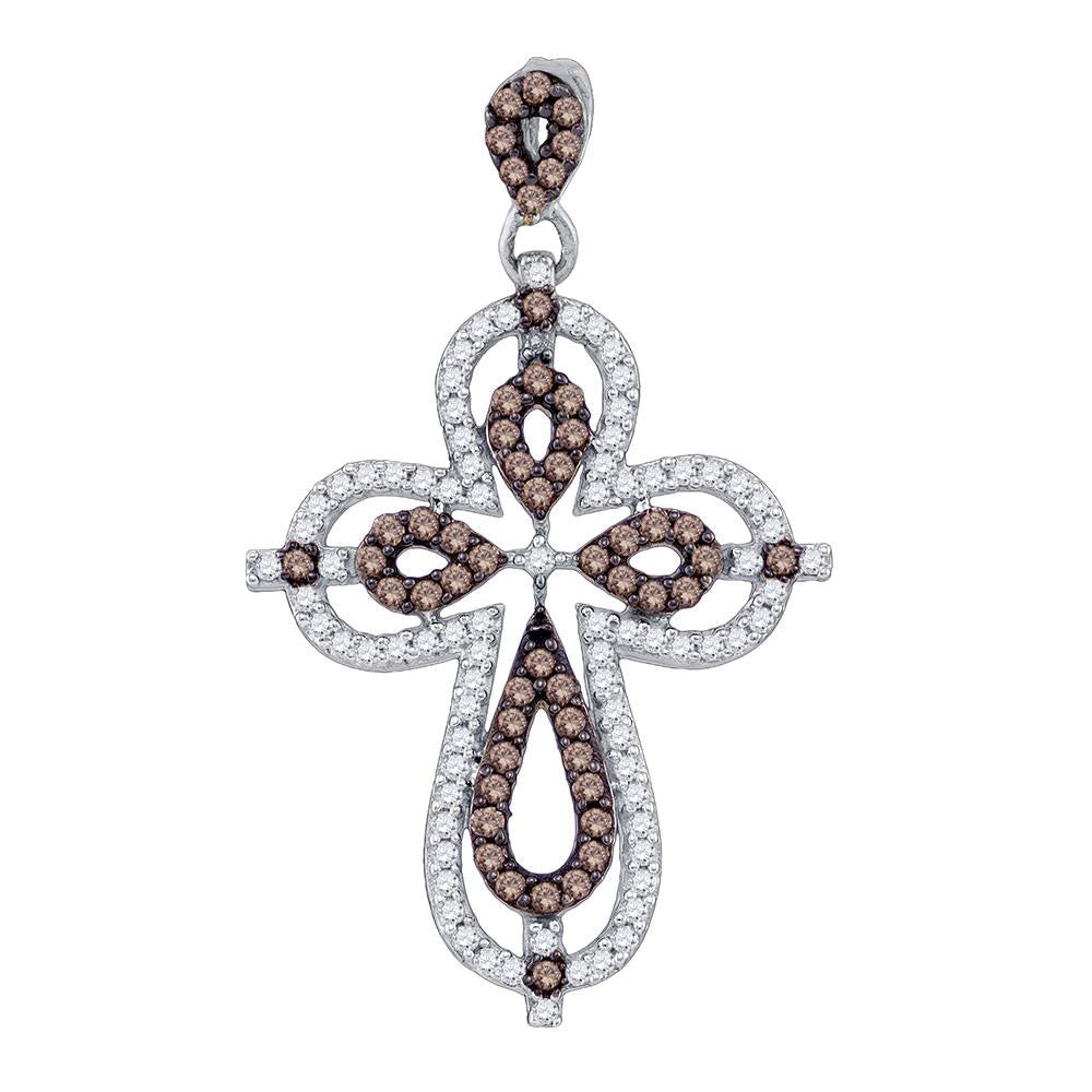 10kt White Gold Womens Round Brown Diamond Cross Pendant 1/2 Cttw