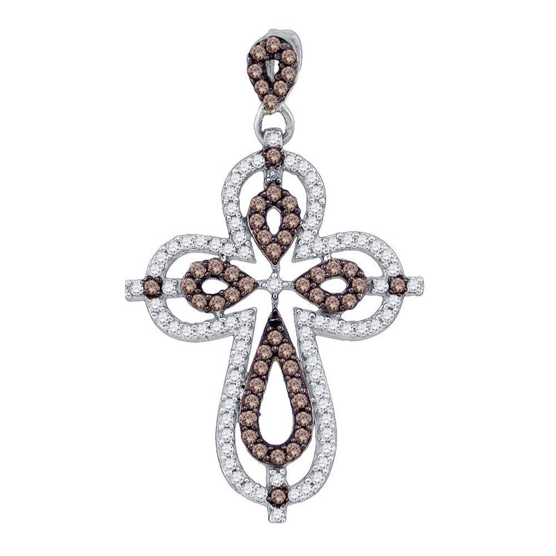 10kt White Gold Womens Round Brown Diamond Cross Pendant 1/2 Cttw