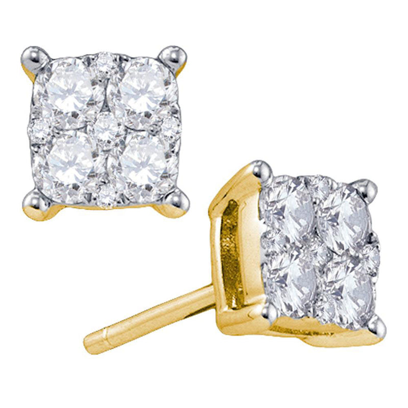 18kt Yellow Gold Womens Round Diamond Square Cluster Earrings 1 Cttw