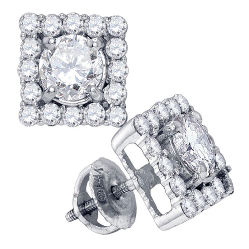 14kt White Gold Womens Round Diamond Square Frame Solitaire Stud Earrings 1-3/4 Cttw