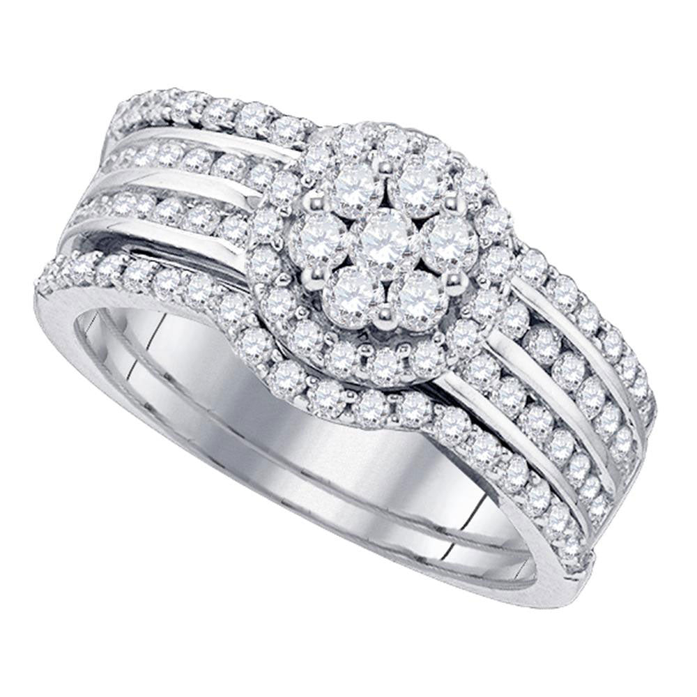 14kt White Gold Round Diamond Cluster Bridal Wedding Ring Band Set 1 Cttw