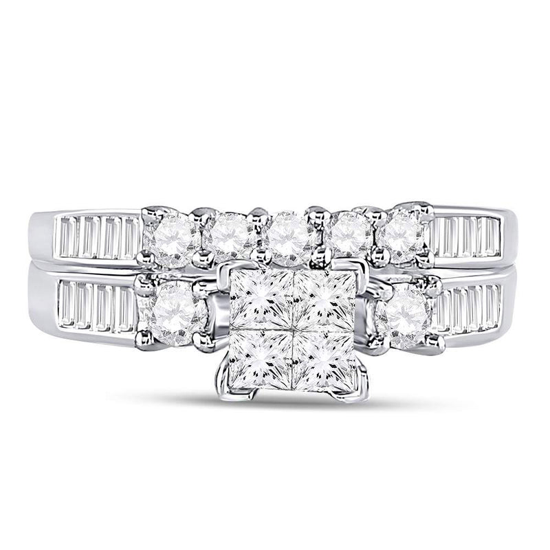 10kt White Gold Princess Diamond Bridal Wedding Ring Band Set 7/8 Cttw