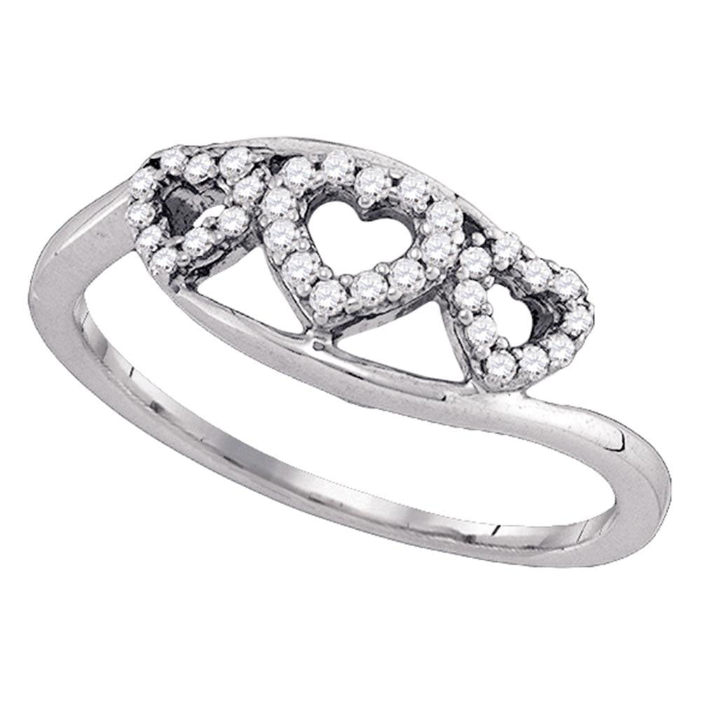 10kt White Gold Womens Round Diamond Triple Heart Ring 1/5 Cttw