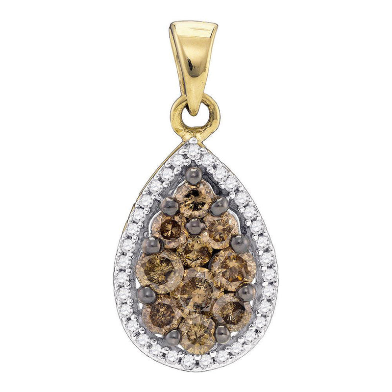 10kt Yellow Gold Womens Round Brown Diamond Teardrop Pendant 3/4 Cttw