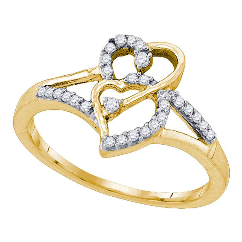 10k Yellow Gold Womens Round Diamond Double Heart Promise Ring 1/6 Cttw