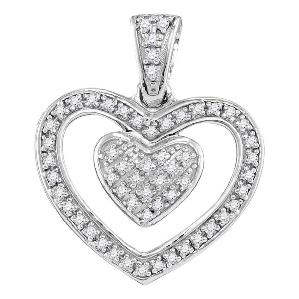 Sterling Silver Womens Round Diamond Double Nested Heart Pendant 1/10 Cttw