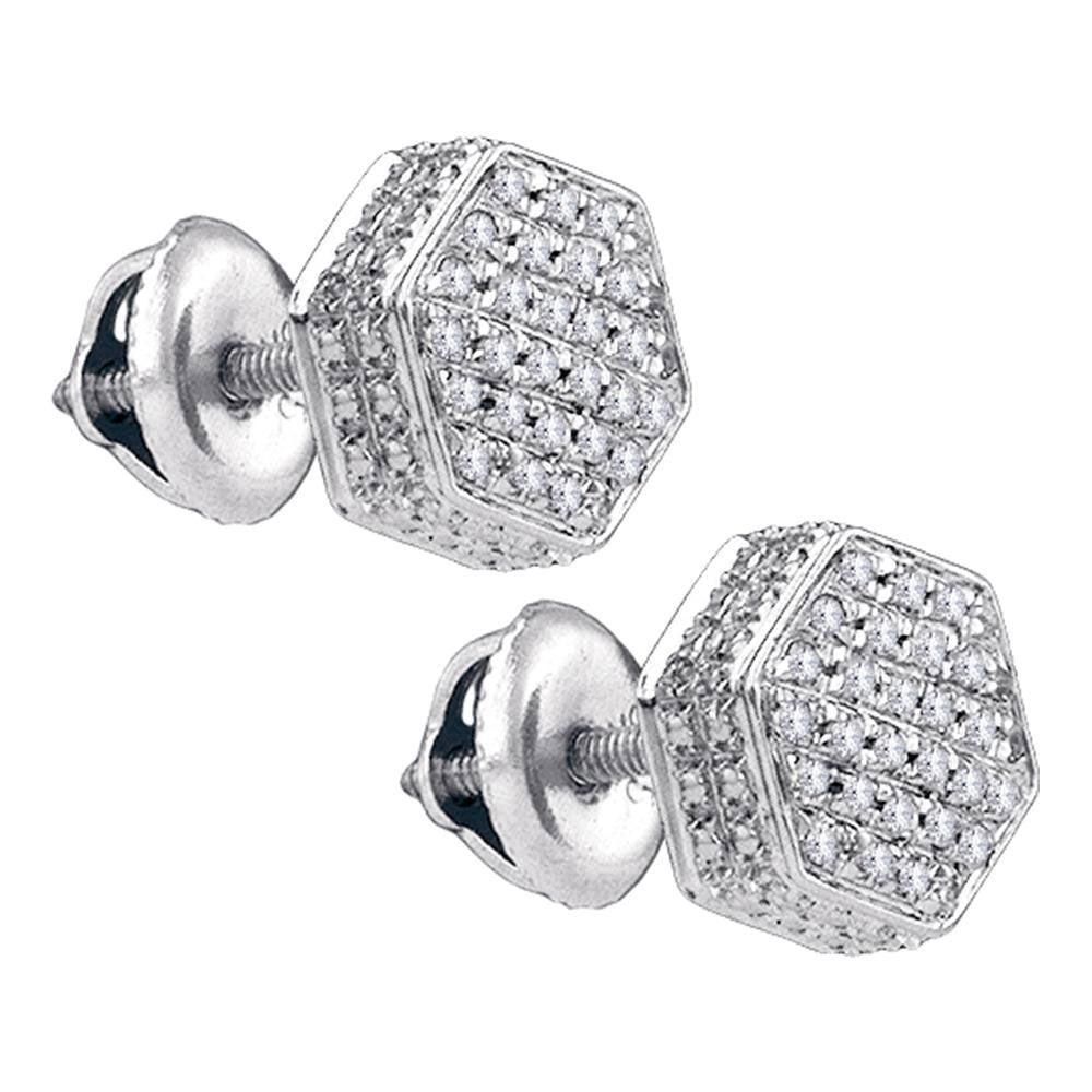 Sterling Silver Mens Round Diamond Hexagon Stud Earrings 1/6 Cttw