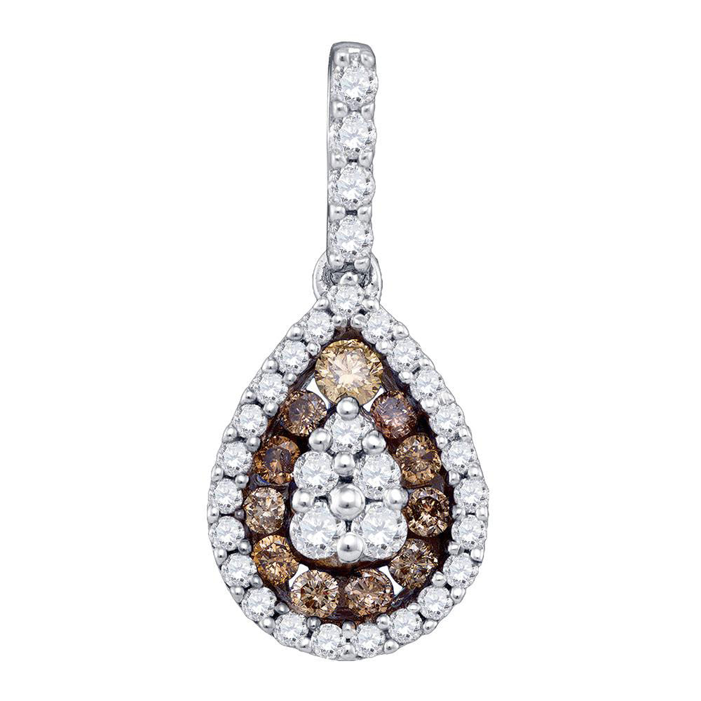 10kt White Gold Womens Round Brown Diamond Teardrop Frame Cluster Pendant 1/2 Cttw