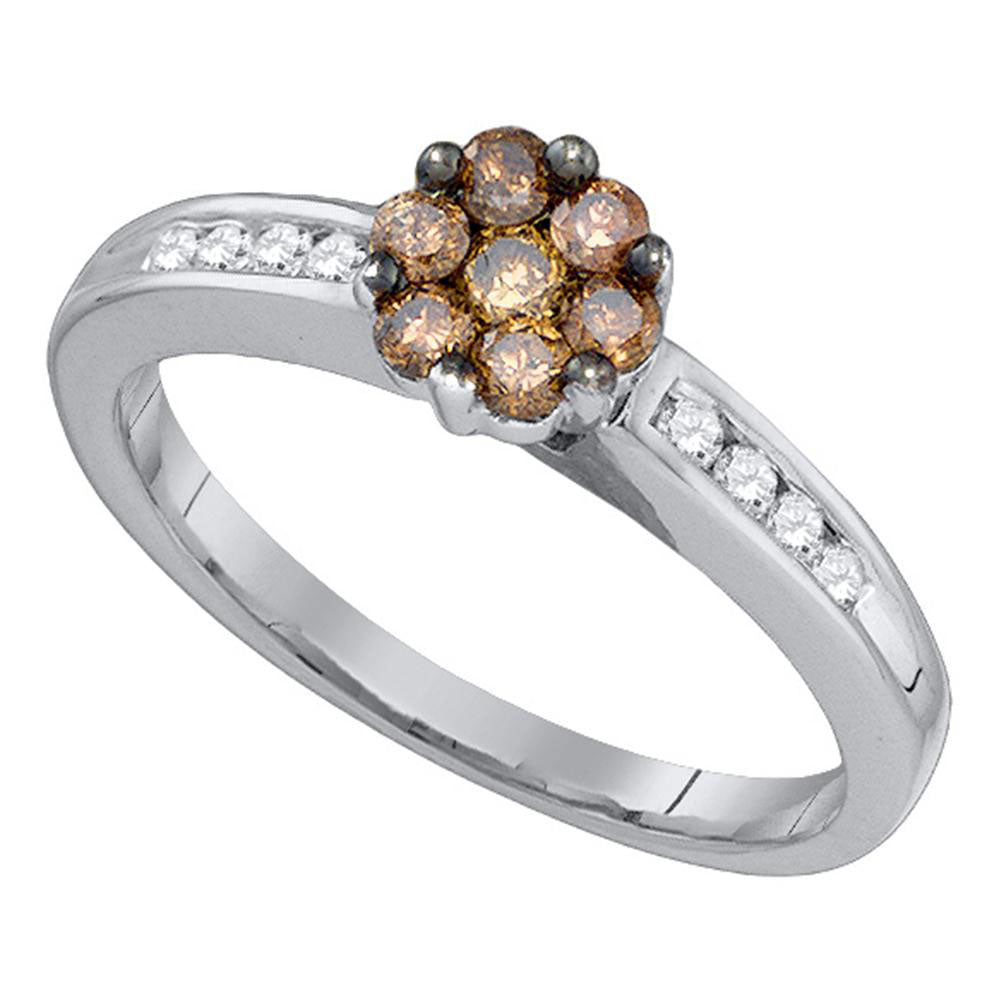 10kt White Gold Womens Round Brown Diamond Flower Cluster Ring 1/2 Cttw