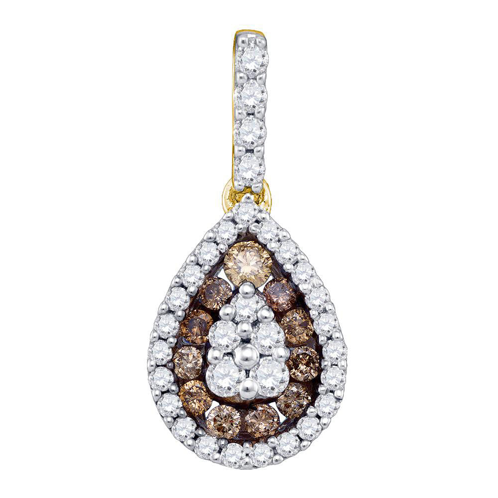 10kt Yellow Gold Womens Round Brown Diamond Teardrop Frame Cluster Pendant 1/2 Cttw