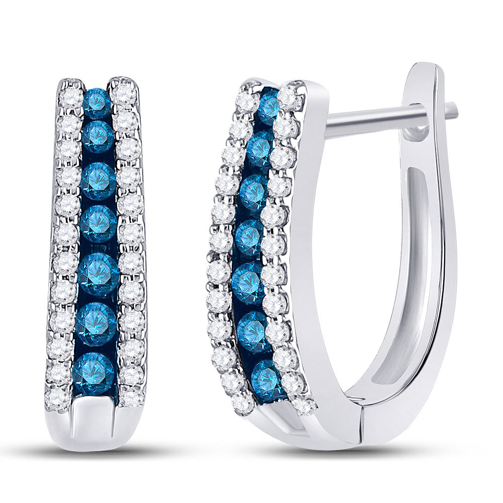 10kt White Gold Womens Round Blue Color Enhanced Diamond Hoop Earrings 1/2 Cttw