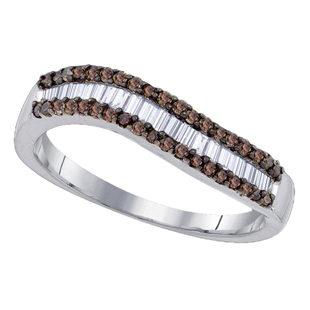 Sterling Silver Womens Round Brown Diamond Baguette Band Ring 1/2 Cttw