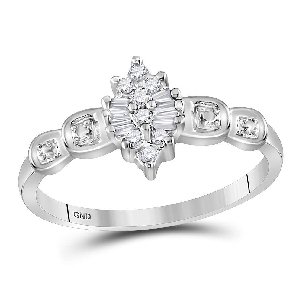 10kt White Gold Womens Round Baguette Prong-set Diamond Oval Cluster Ring 1/10 Cttw