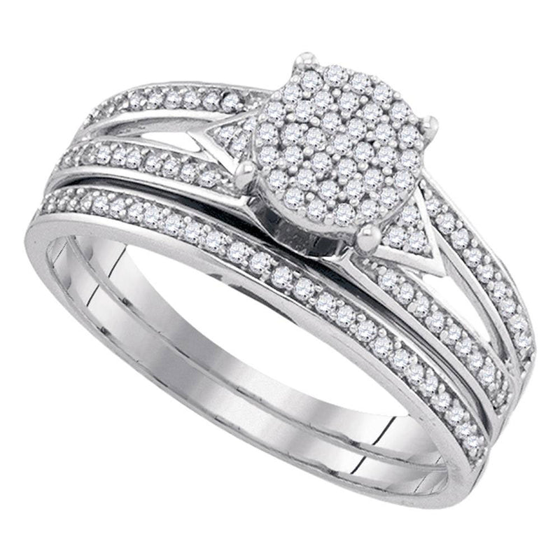 10kt White Gold Round Diamond Cluster Bridal Wedding Ring Band Set 1/3 Cttw