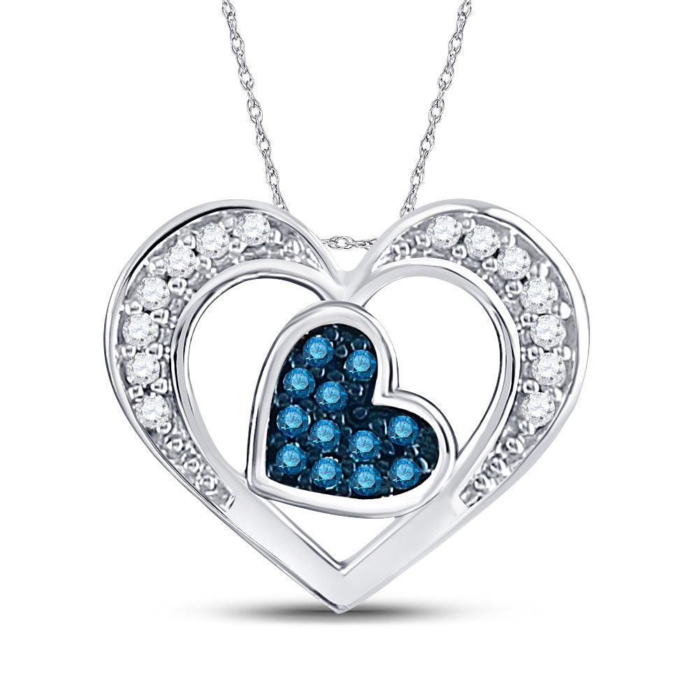 10kt White Gold Womens Round Blue Color Enhanced Diamond Heart Pendant 1/20 Cttw