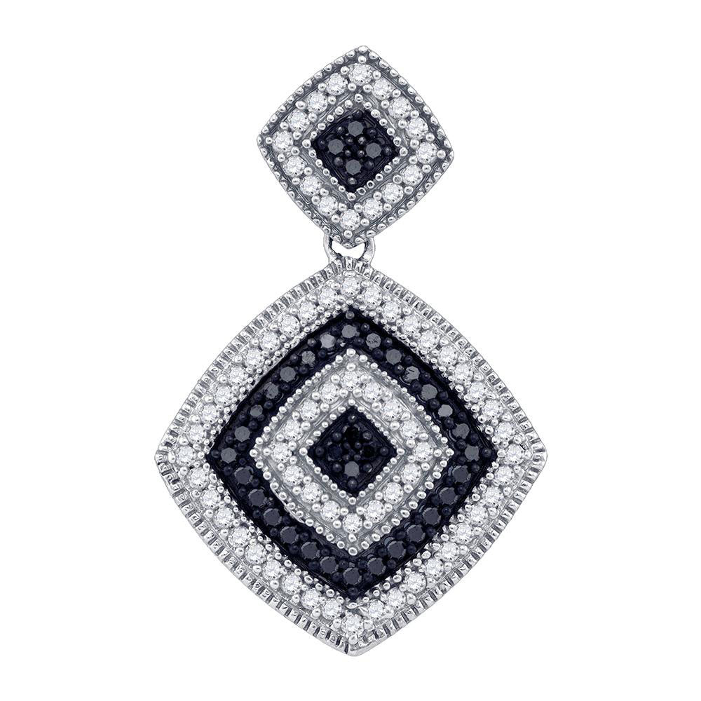 10kt White Gold Womens Round Black Color Enhanced Diamond Concentric Square Pendant 1/3 Cttw