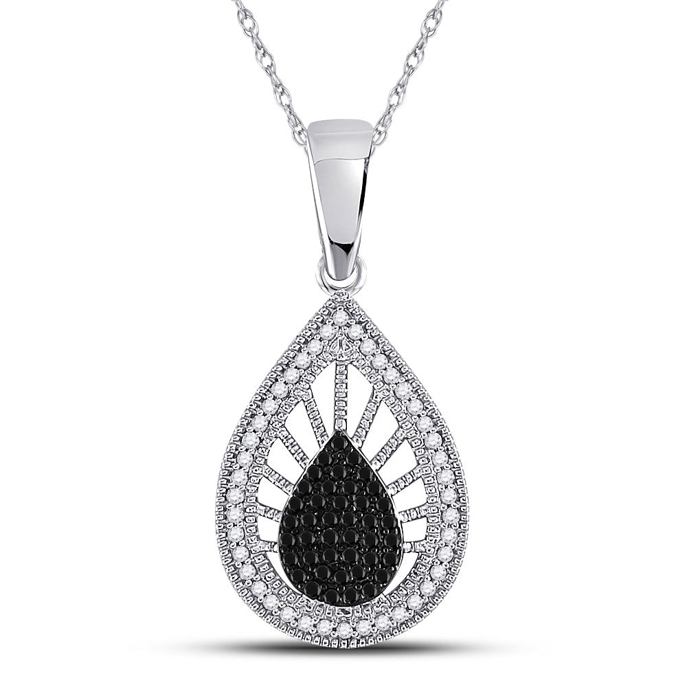 10kt White Gold Womens Round Black Color Enhanced Diamond Teardrop Pendant 1/4 Cttw