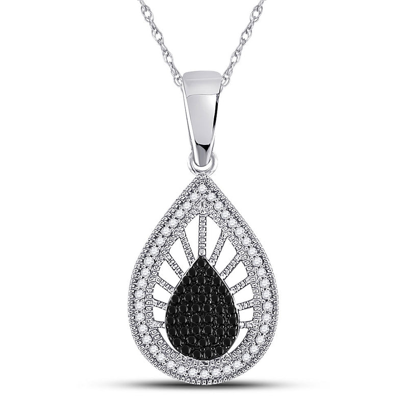 10kt White Gold Womens Round Black Color Enhanced Diamond Teardrop Pendant 1/4 Cttw