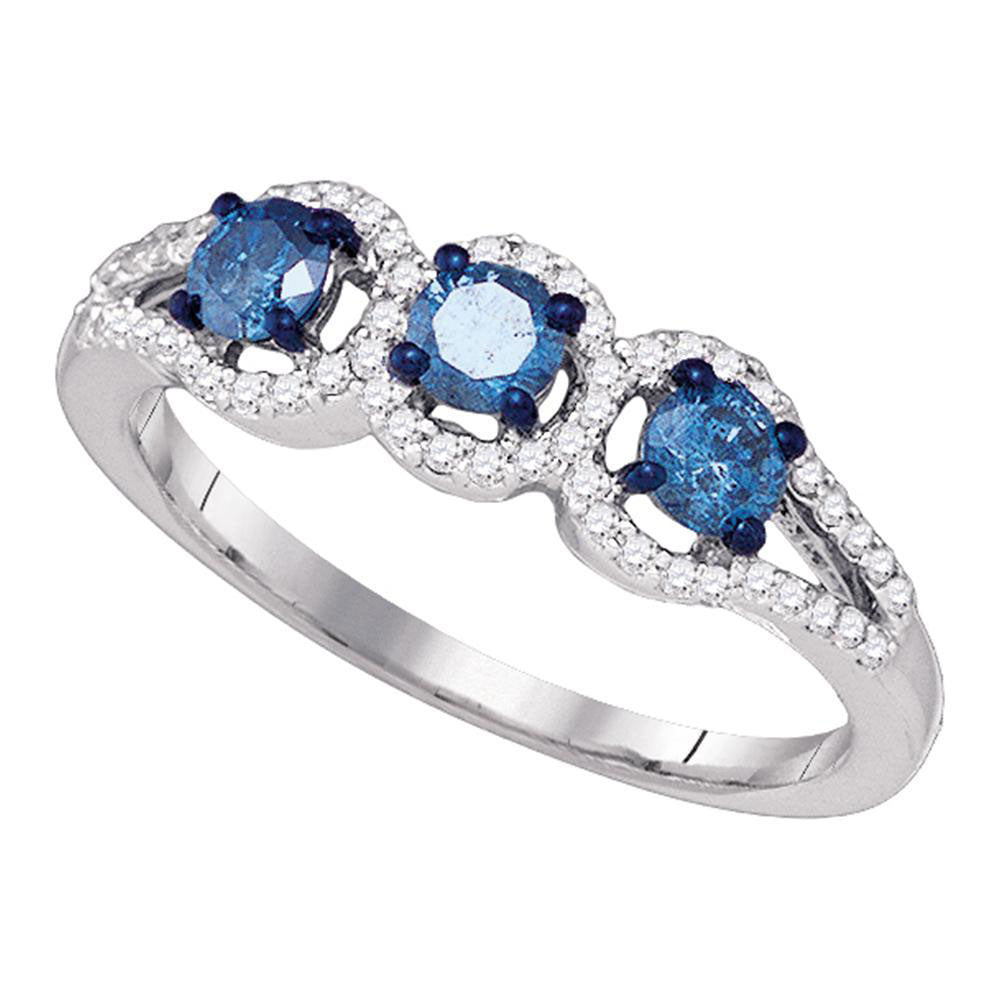 10kt White Gold Round Blue Color Enhanced Diamond 3-stone Bridal Wedding Ring 5/8 Cttw