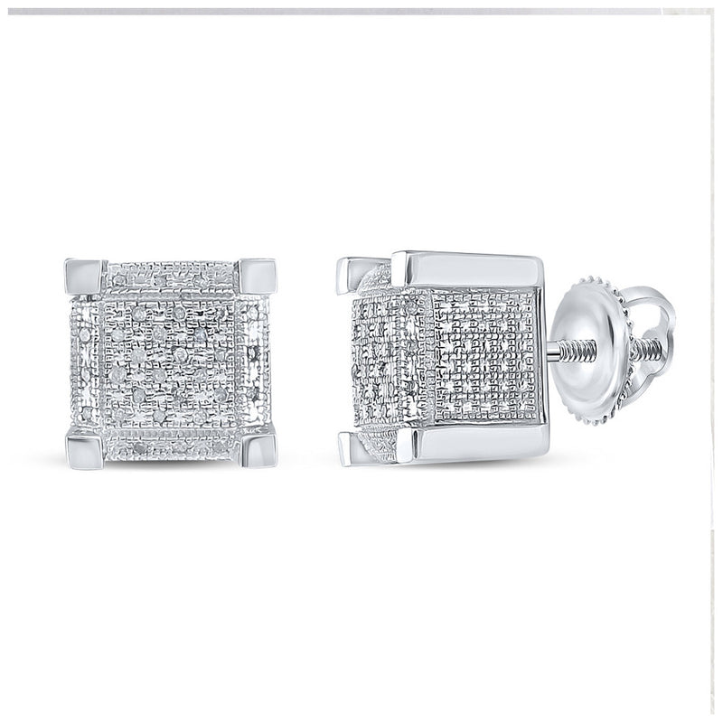 Sterling Silver Mens Round Diamond 3D Cube Square Earrings 1/5 Cttw