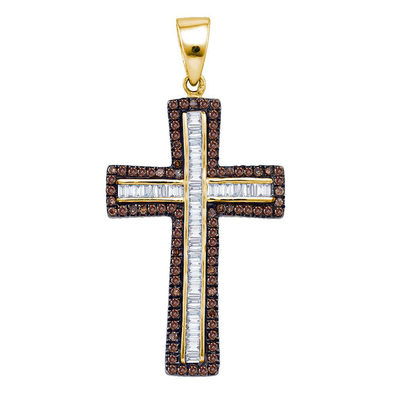 Yellow-tone Sterling Silver Womens Round Brown Diamond Cross Outline Pendant 1 Cttw