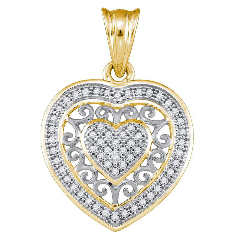 10kt Yellow Gold Womens Round Diamond Openwork Heart Cluster Pendant 1/6 Cttw