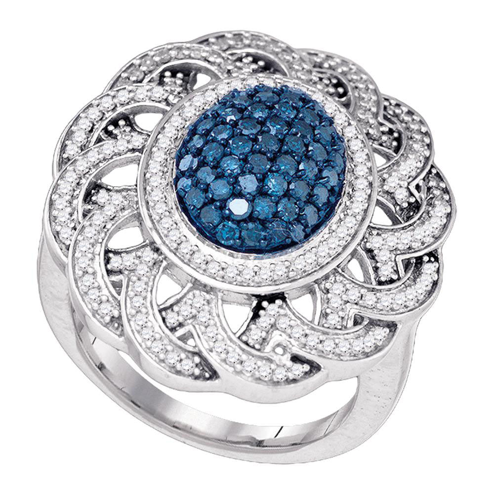 10kt White Gold Womens Round Blue Color Enhanced Diamond Cluster Ring 1 Cttw