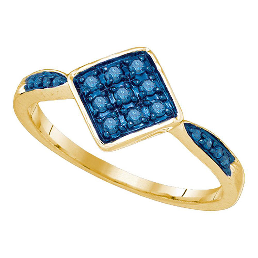 10kt Yellow Gold Womens Round Blue Color Enhanced Diamond Cluster Ring 1/5 Cttw