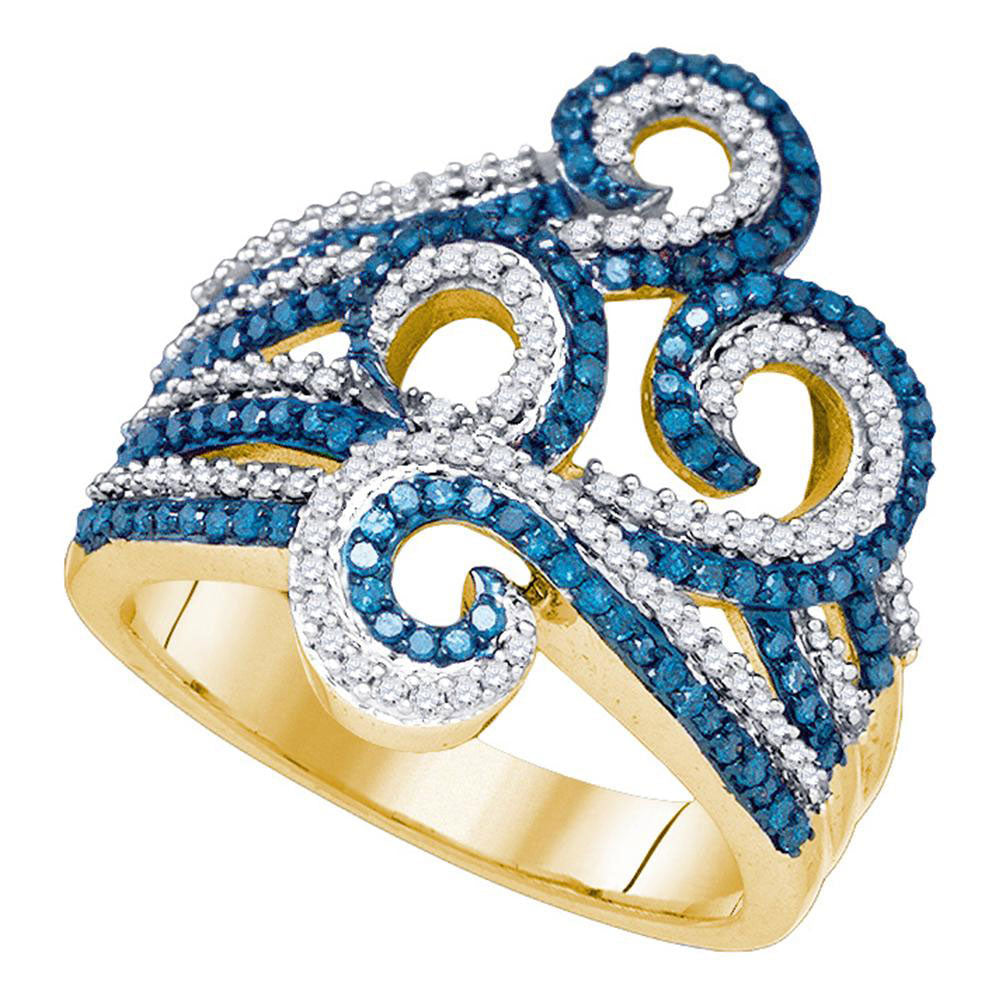 10kt Yellow Gold Womens Round Blue Color Enhanced Diamond Fashion Ring 3/4 Cttw