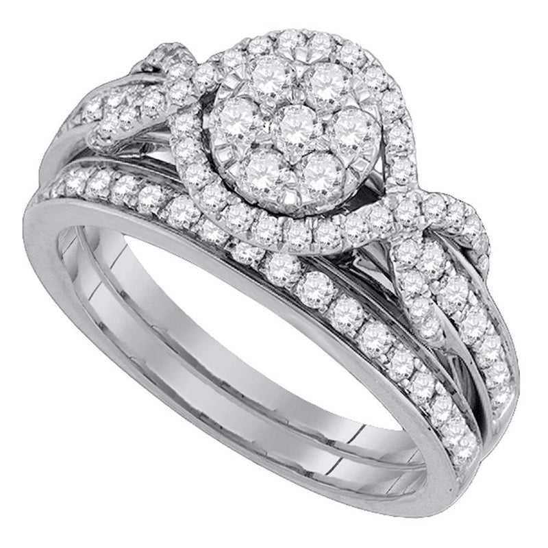 14kt White Gold Round Diamond Cluster Bridal Wedding Ring Band Set 1 Cttw