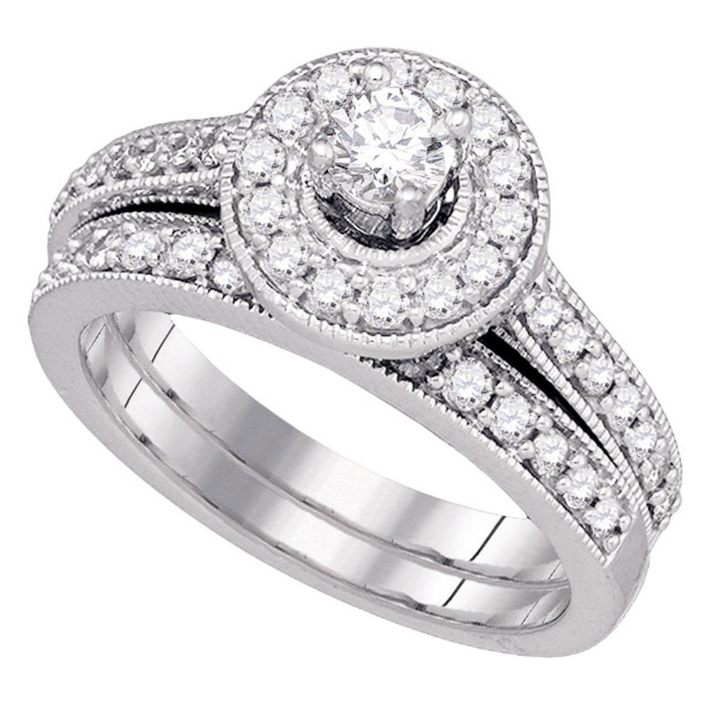 14kt White Gold Round Diamond Halo Bridal Wedding Ring Band Set 1 Cttw