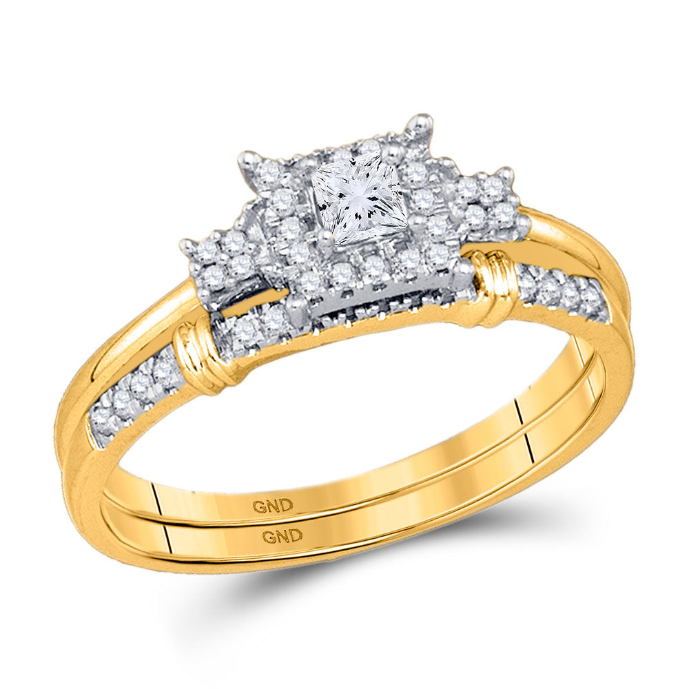 10k Yellow Gold Princess Diamond Halo Bridal Wedding Ring Band Set 1/3 Cttw