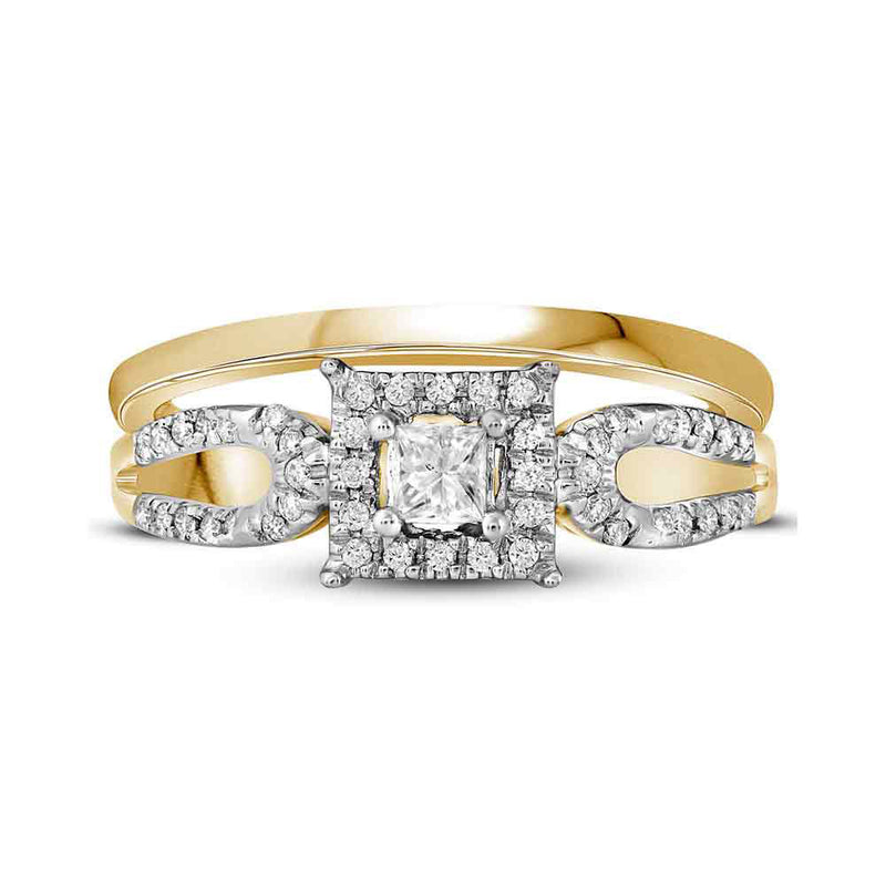 10kt Yellow Gold Princess Diamond Halo Bridal Wedding Ring Band Set 1/4 Cttw