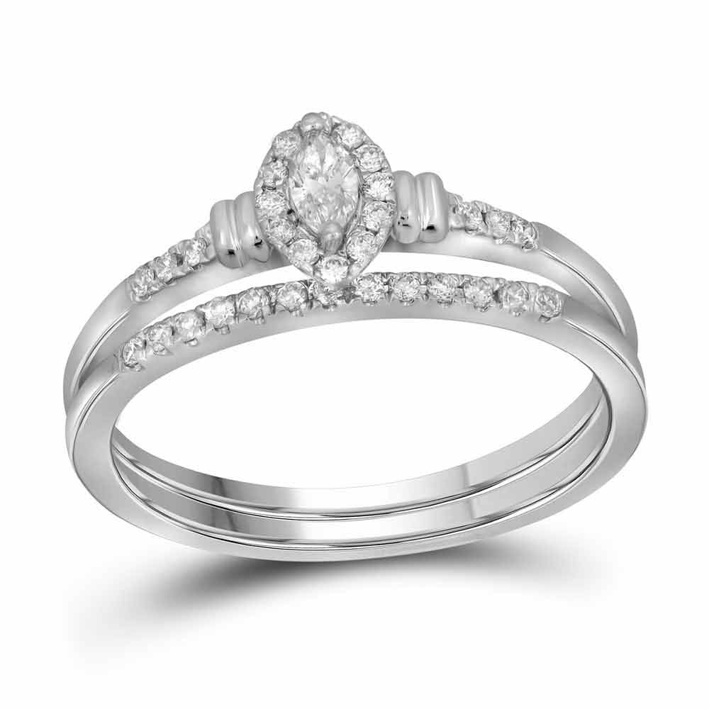 10k White Gold Marquise Diamond Bridal Wedding Ring Band Set 1/5 Cttw