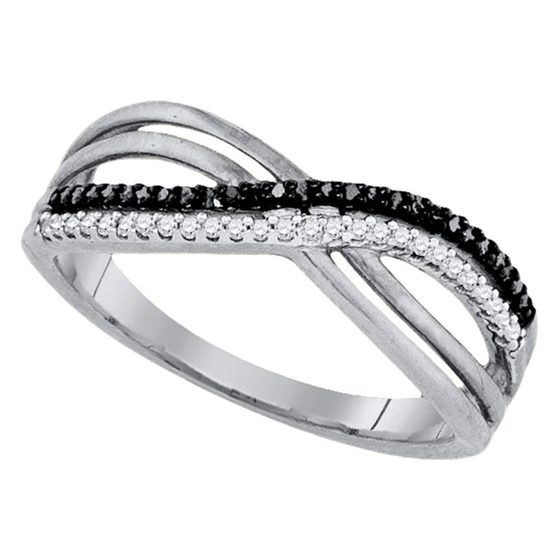 Sterling Silver Womens Round Black Color Enhanced Diamond Double Row Crossover Band 1/6 Cttw