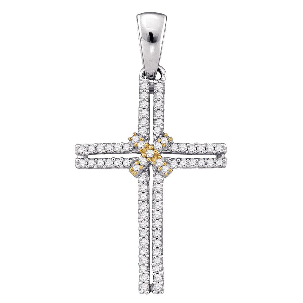 10kt Two-tone Gold Womens Round Diamond Bound Cross Religious Pendant 1/5 Cttw