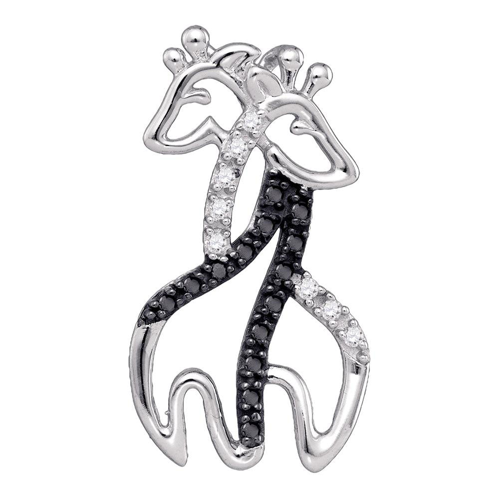 10kt White Gold Womens Round Black Color Enhanced Diamond Giraffe Pendant 1/8 Cttw