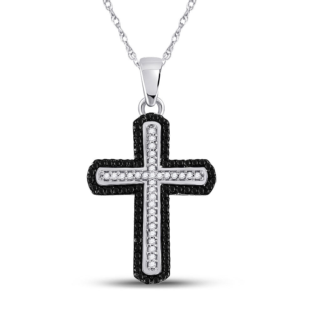 10kt White Gold Womens Round Black Color Enhanced Diamond Cross Pendant 1/5 Cttw