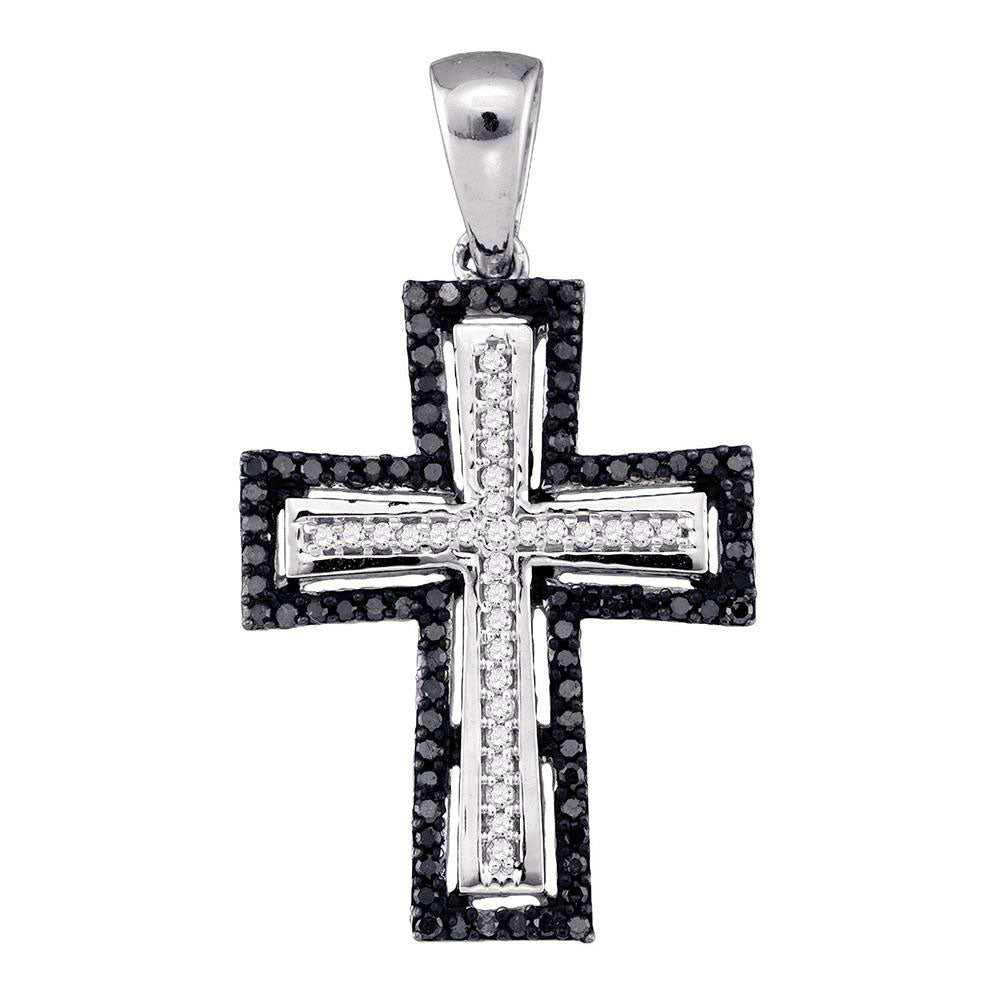 10k White Gold Black Color Enhanced Diamond Womens Roman Cross Crucifix Pendant 1/4 Cttw