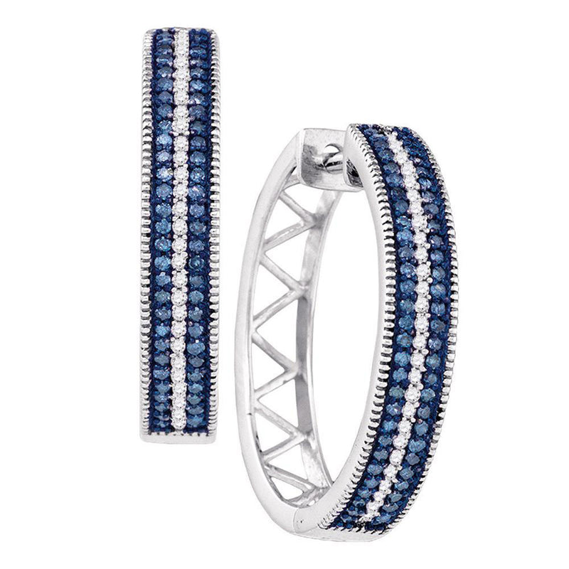 10kt White Gold Womens Round Blue Color Enhanced Diamond Hoop Earrings 1/2 Cttw