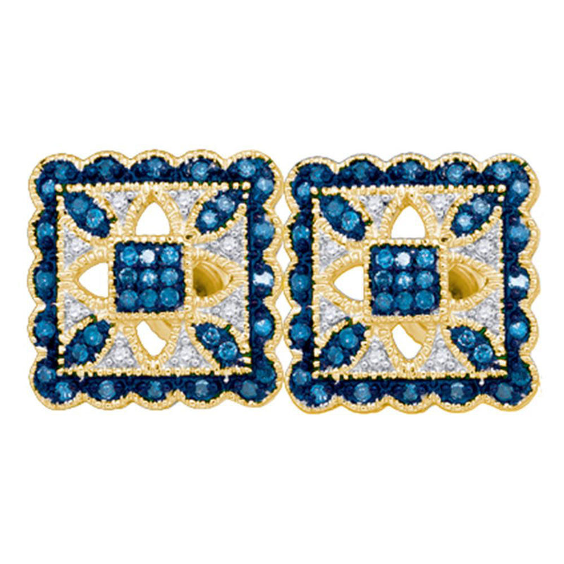 10kt Yellow Gold Womens Round Blue Color Enhanced Diamond Square Earrings 1/5 Cttw