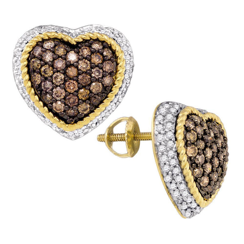 10kt Yellow Gold Womens Round Brown Diamond Heart Cluster Earrings 1-1/3 Cttw