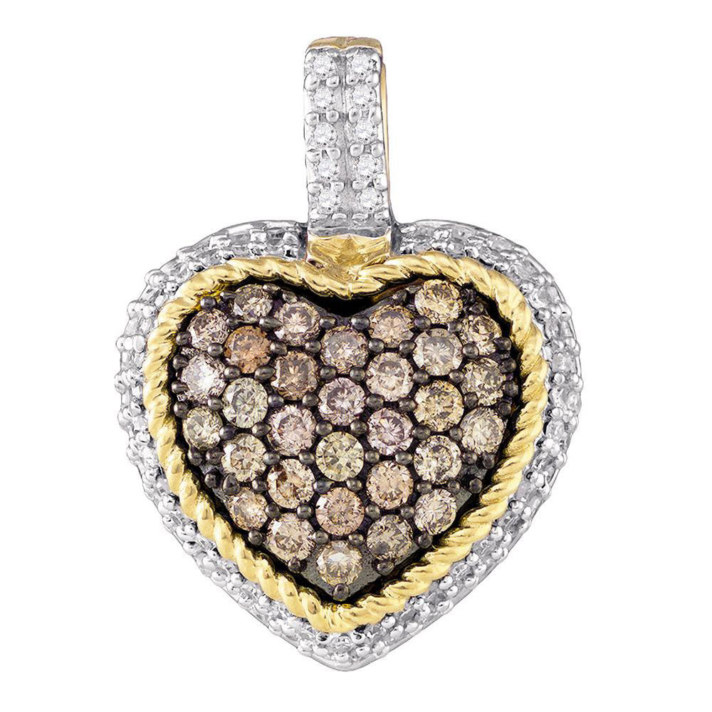 10kt Yellow Gold Womens Round Brown Diamond Rope Heart Pendant 3/4 Cttw