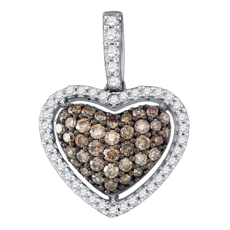 10kt White Gold Womens Round Brown Diamond Heart Pendant 1/2 Cttw