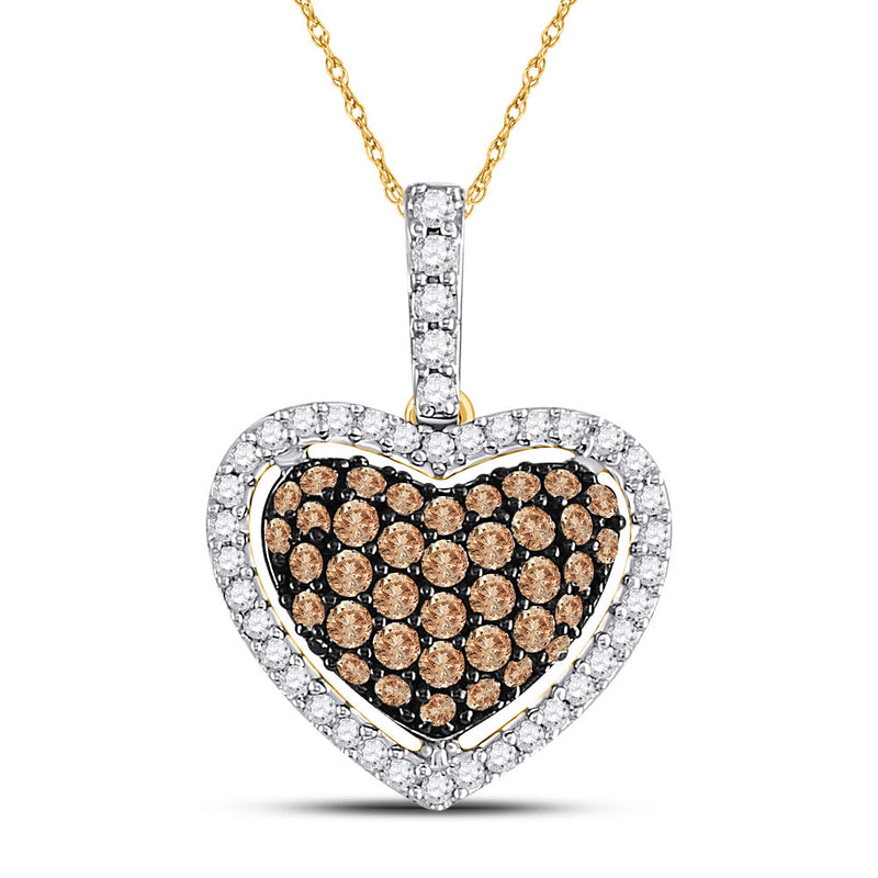 10kt Yellow Gold Womens Round Brown Diamond Heart Pendant 1/2 Cttw